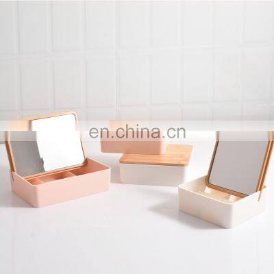 New Personal Standing Mirror Modern Makeup Bamboo Mirror with Storage Compartment