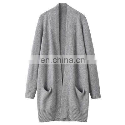 Autumn Winter 100% Pure Cashmere Sweater Front Open Long Cardigan with Pockets Knitted Casual Style Solid Pattern Coat