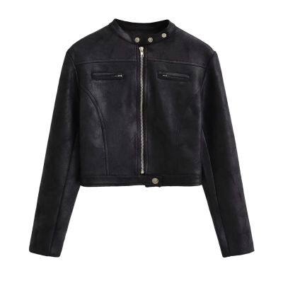 American INS High Street Retro Short Slim Motorcycle Jacket for Women in 2025 Autumn Vintage Color Leather Jacket and Suede Jacket photo-3