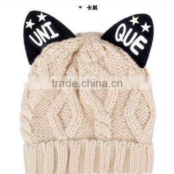 Unique Printed Cat Ear Decorated Polar Fleece Inside Twisted Knitting Women Girls Hat