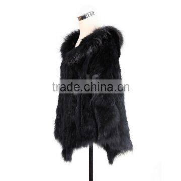 QD0807 Woman Knitted Rabbit Fur Poncho With Raccoon Fur Trim and Bigger Hood photo-2