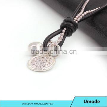 Organic Silver Circle on Leather With pearl and Rhodium Silver Tag Pendant Necklace
