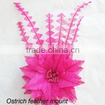 Fuschia ostrich feather flower trimming on hat millinery