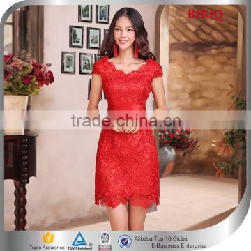 Wholesale Latest Knee-length Red Embroidered Ladies Party Dress