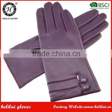 Classic Winter Warm Ladies Purple Leather Gloves with Butttons