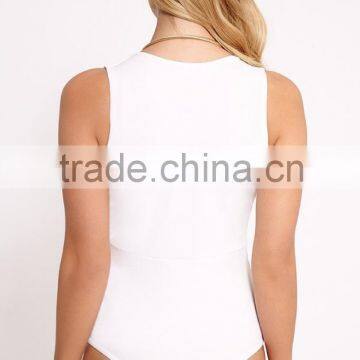 V Neck White Cream Extreme Plunge Bodysuit for Weight Loss