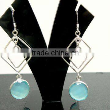 Blue Chalcedony Round Facet Earrings, 925 Solid Sterling Silver Earrings, Designer Natural Gemstone Bezel Earring,