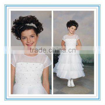 Short Sleeve Organza Lace Hand-Beading Ruffled Tea Llength Flower Girl Dress White (FLMO-3071)