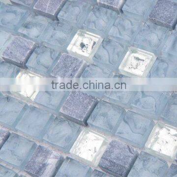 Silver Gold Foil & Marble Stone Mix Baby Blue Crystal Glass Mosaic Tile