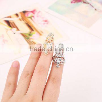 Hot Sale Hollow Nail Flower Full Crystal Fingernail Big Precious Stone Pierced Crown Tiny Cross False Nail Ring For Christian