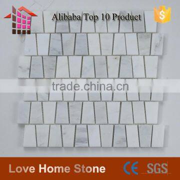 Carrara white mosaic tile, trapezoid tile backsplash