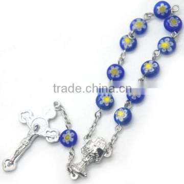 glaze flat rosary,religious flat rosary decate ,section beaded glass rosary with flowers