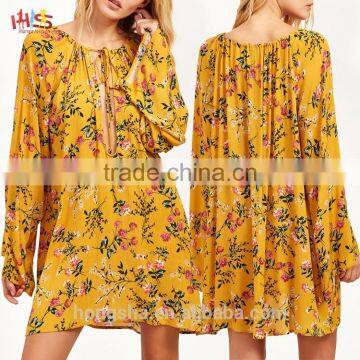 Fashion Retro Vintage 1950s Dress Yellow Flower Print Tie Detail Shift Dress HSd7077