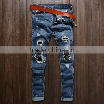 2016Men Biker Skinny Jeans Buttom Side Zipper Knee Protection Elastic Jeans Denim Biker Jeans Pants in Stock Accept Small Order