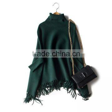 High neck plus size pashmina with fringe women wool poncho wholesale