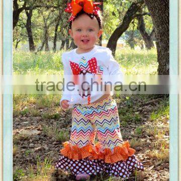 Wild Turkey Outfit Long Sleeve White Top Chevron Double Ruffle Pants and Appliqued Turkey Outfit set for Thanksgiving Day