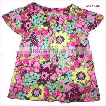 Mini fashion color flower designs wholsale summer cotton cap-sleeve girls net t shirt