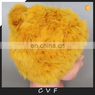 Handmade rabbit fur winter hats genuine fur weaven beanies with rabbit fur pompom