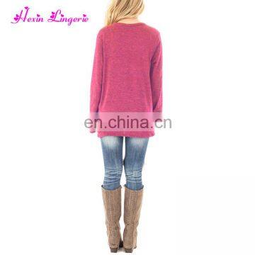 Solid Rose Red Irregular Knot Fashion Ladies Long Sleeve Women Top and Blouses photo-2