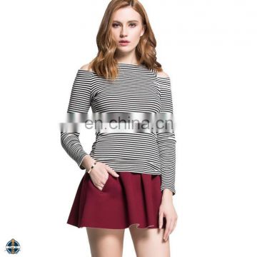 T-WT001 Long Sleeve Striped Cut Out Shoulder Casual Women T-shirt