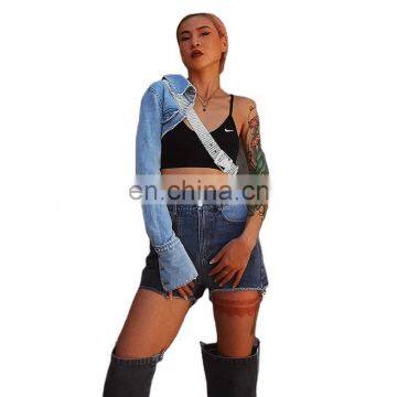 TWOTWINSTYLE Denim Jacket For Women Diamond Asymmetrical Lapel Long Sleeve Sexy