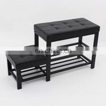 Customized Black PVC Leather Luxury Shoe Rack Ottoman Rectangle Long Double Size Beach With Metal Frame photo-2