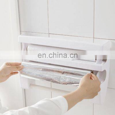 Kitchen Roll Wall Mounted Double Knife Plastic Wrap Storage Rack Paper Towel Holder
