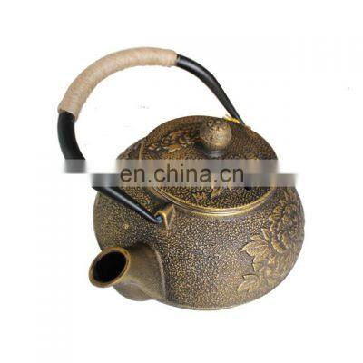 Chinese Cast Iron Teapot Tea Cup Set w/Trivet Golden Peony