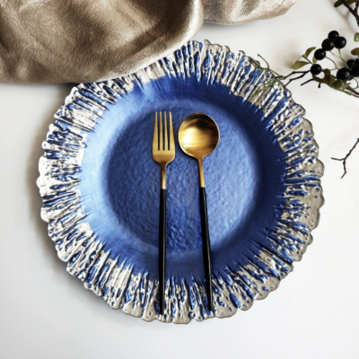 Оптовая стеклянная тарелка для свадеб, тарелка для западной кухни, домашняя декорация, золотая стеклянная тарелка, тарелка с бисером для оплаты, посуда для обеда