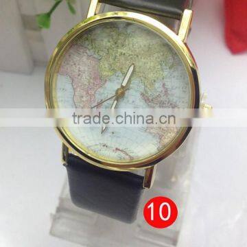 golden 2015 World Map Globe Fashion Leather Band Womens Analog Quartz Wristwatch Gift Watches