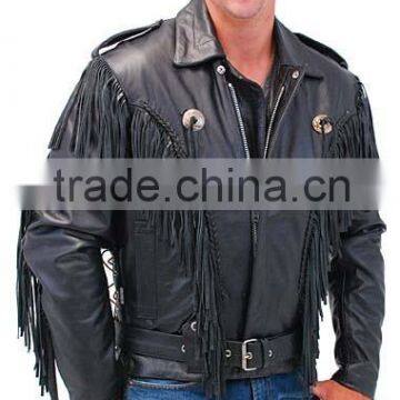 2015 New fashion Black Fringed Leather Jacket With Removable Belt for mens motorbike leather jacket