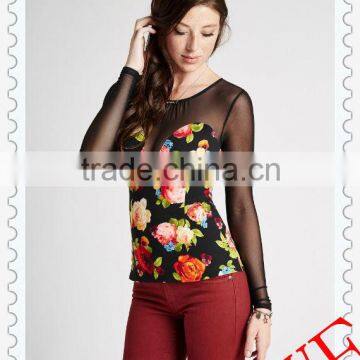 2014 rose mesh slim lady tops new long sleeve fashion women t-shirts