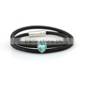 Adorable black leather cord braided sheepskin bangle stainless steel buckle bracelet