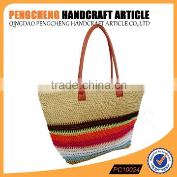 Paper straw tote trapezoidal beach bag brown and orange color women stripe crochet handbag