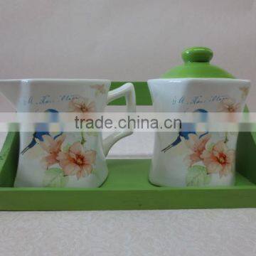 fine decal Ceramic sugar jar with creamer set with verdant woodend stand