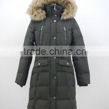 Women Winter Knee Length Rib Collar Duck Down Puffer Jacket With Fur Hood photo-4