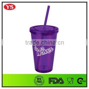 Double Wall Plastic 16oz Promotional Mug With Straw