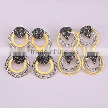 Metal Alloy Plated Gold Earrings, Circle shape Pave Crystal Jewelry Stud Earrings