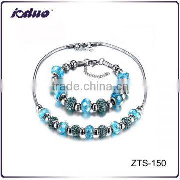 Fashion Women Blue Glass Stainless Steel Necklace And Bracelet Jewelry Sets