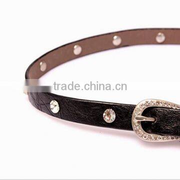 Fashion Rhinestone Decorated Pin Buckle Sex Girl Black Thin PU Waist Belt