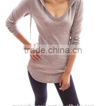 Cotton Hoodie Ribbed Sides Pocket Curve Hem Tunic Casual Top Adult Age Plain Crop Tops,long Sleeve Top,online Clothing Store photo-3