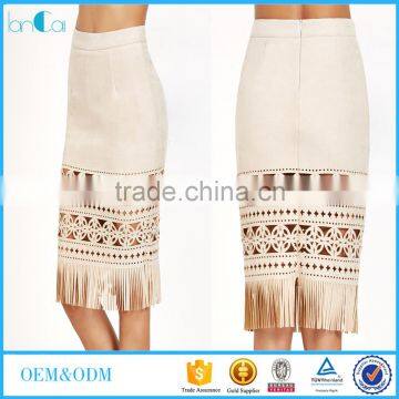 Women pencil skirt latest new fashion bodycon digital printing hollow out skirt with fringe hem