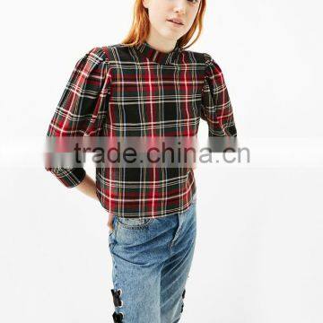 2017 AW New Collection Back Neck Design Plaid Women Top Blouses in Red Color of Clothing Factory photo-4