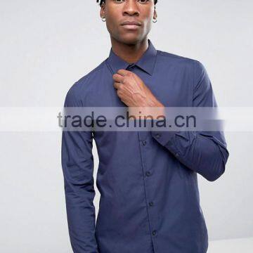 Plus Size Long Sleeve Spread Collar Mens Pre-Shrunk 65% Polyester 35% Cotton Breathable Slim Fit Casual Navy Solid Color Shirts