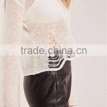 MGOO Newest Design Women Knitwear Sweater Drop Shoulder Loose Neck Distressed Ladder Jumper Cream photo-5