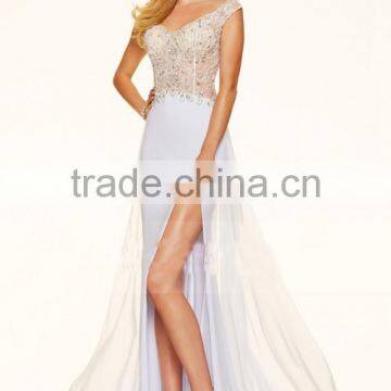 2016 Off The Shoulder Prom Dresses See-Through Beaded Bodice Chiffon photo-2