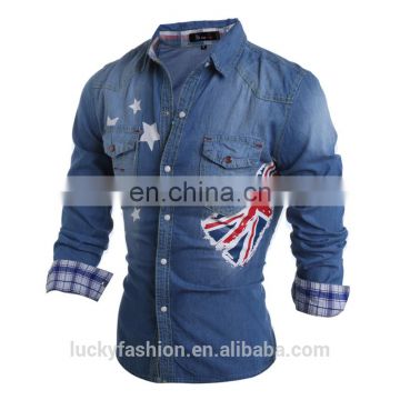 New Designer Cusual Coats Mens Printing Pattern Collar Sleeve Denim Dress Shirts