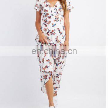 Women v-neckline dressed flutter Short sleeves Floral Tie-Back Maxi Dress