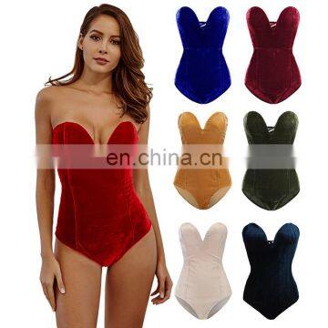 Fashion Casual Women Backless V Neck Bodycon Sleeveless Strapless Velvet Bodysuit