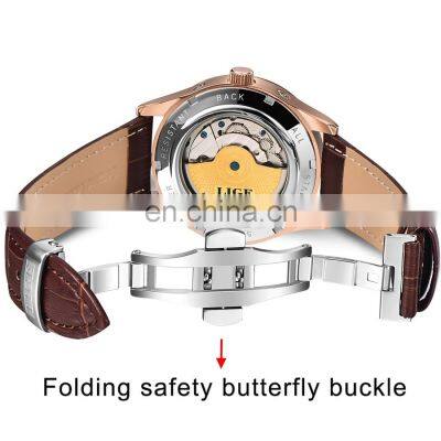 Lige 6826 Retro Men Mechanical Watches Tourbillon Waterproof Leather Top Brands Luxury Watch Automatic Mens